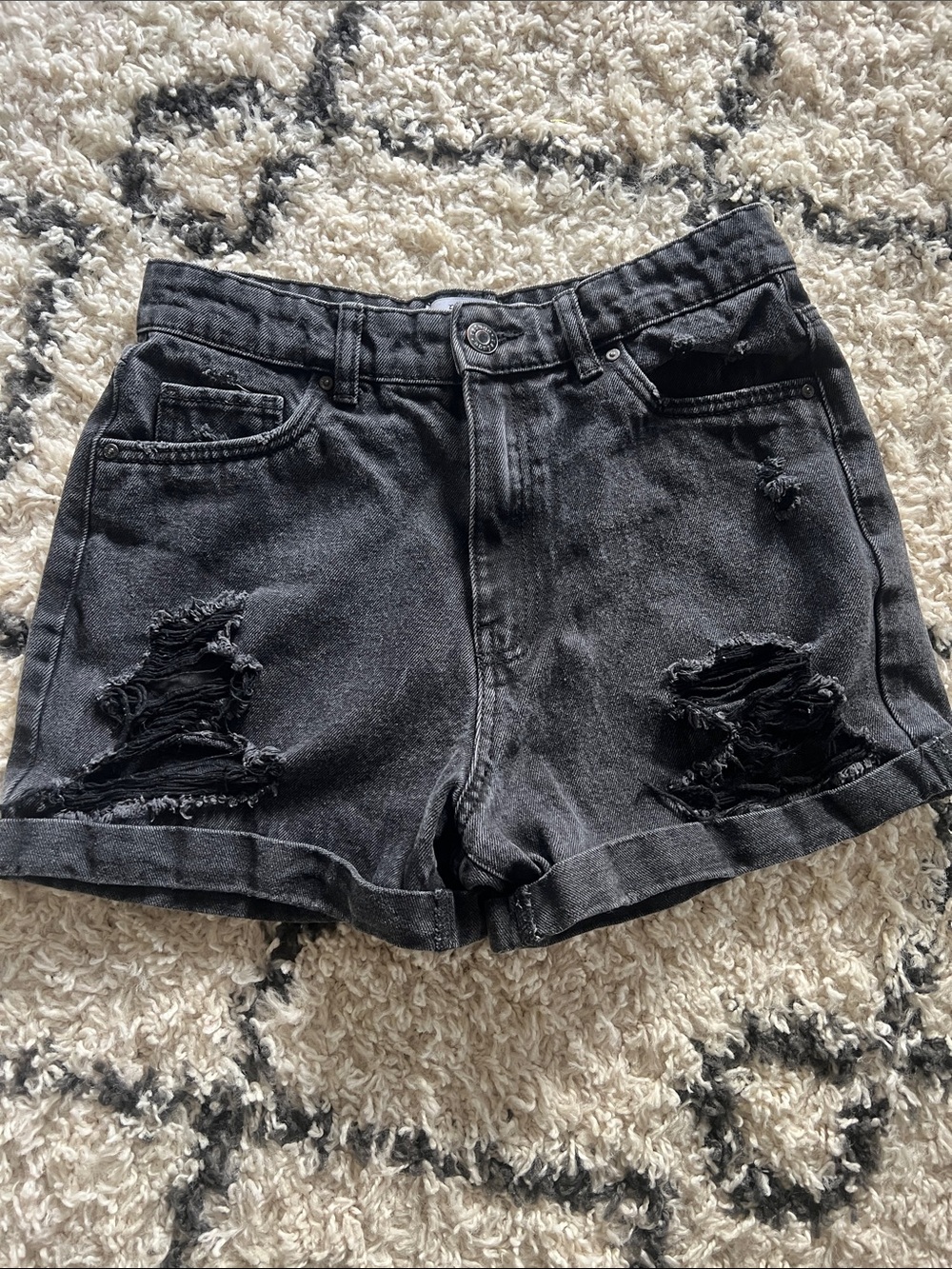 (25) Refuge MOM Washed Black Distressed Denim Shorts
